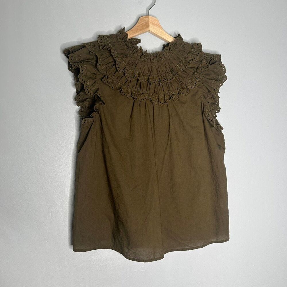 Boden Ruffle Eyelet Cotton Blouse Olive Green